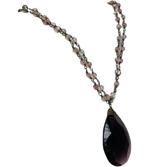 Vintage Purple Tear Drop Pendant Double Strand Beaded Chain Women’s Necklace 18” - Picture 3 of 7